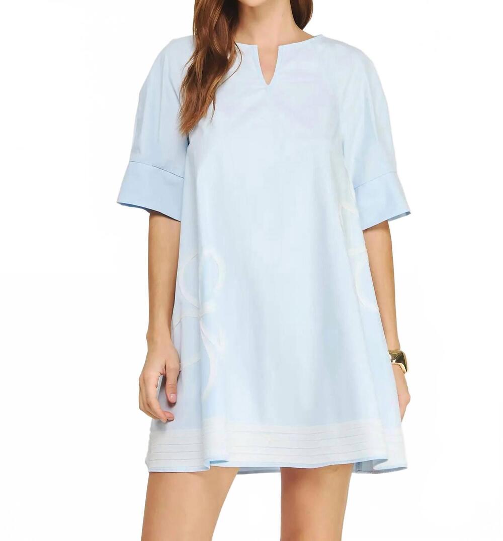 NEW STRUT & BOLT contrast frayed trim flower detail poplin mini dress in blue
